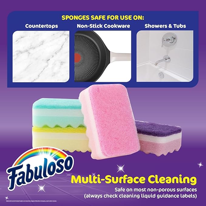 Fabuloso Scratch-Free Kitchen Dish Sponges, Rainbow Cellulose Scrubber Sponge with Scouring Pad for Dishes, Pots, Pans, Counters and Sinks, Tough on Messes, 4.25 x 2.75 x 1.25 in, 4 Count - 2 Pack