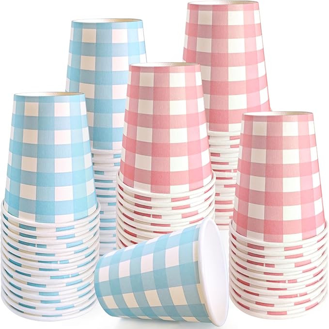 Light Blue and Pink Paper Cups,9 Oz Gingham Light Blue and Pink Disposable Cups,Paper Cups for Birthday Wedding Party Supplies(50 Pcs)