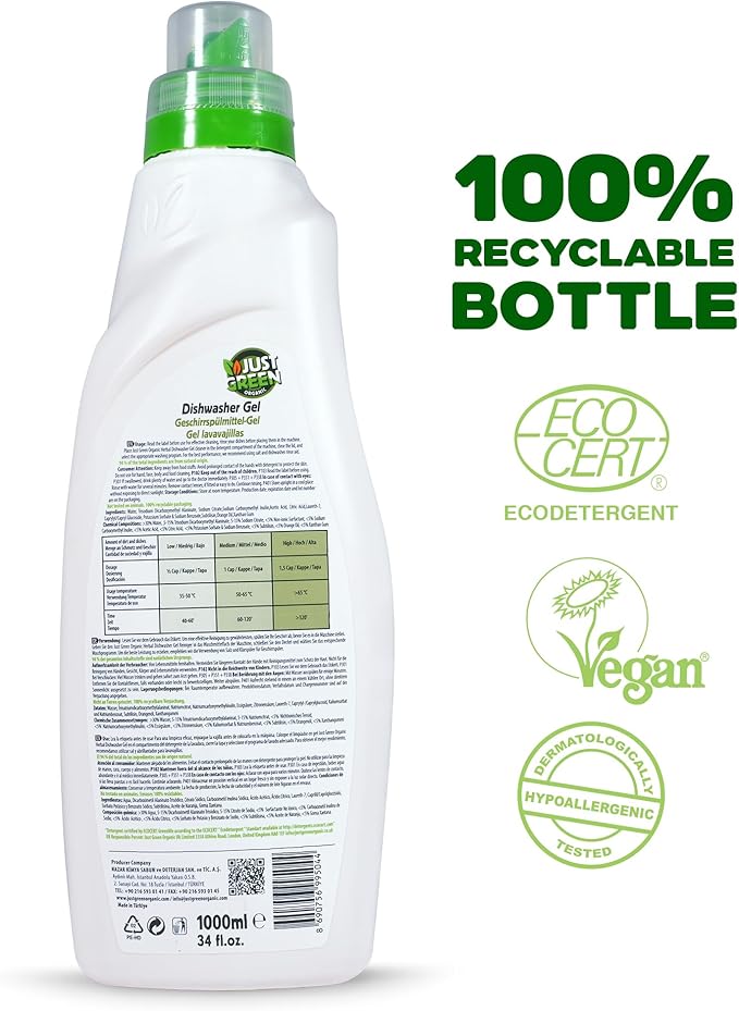 Dishwasher Detergent Gel, Plant-Based Dishwashing Liquid, Non-Toxic, Hypoallergenic, EcoCert Certified, Vegan, Streak-Free Clean, 45 Washes, 33.8 fl oz (1000 ml) - 3 Pack