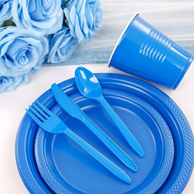 WELLIFE 210Pcs Blue Plastic Plates,Disposable Dinnerware Set,Party Supplies Including Blue Plates, 12oz Cups, plastic Cutlery and Napkins Serve 30 Guests, Plastic Plates for Party