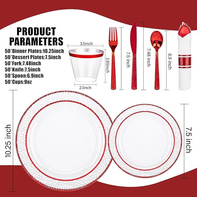 Ciaell 350 PCS Clear and Red Plastic Plates – Red Dinnerware Set for 50 Guests Include 100 Plastic Plates, 50 Pre Rolled Napkins with Cutlery Set, 50 Cups for Wedding & Party