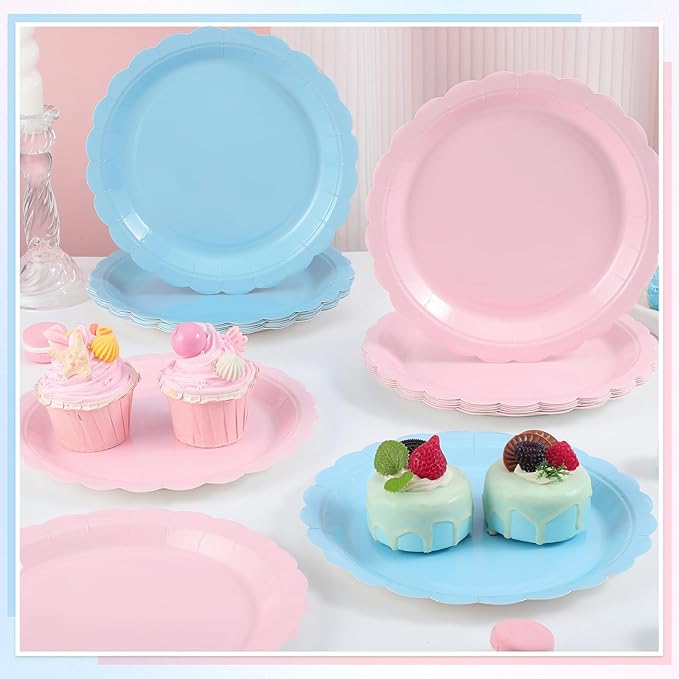 NatNarr 30 Pcs Gender Reveal Plates 9 Inch Disposable Scalloped Pink and Blue Plates Cute Dessert Cake Dinner Plate for Baby Shower, 1st Birthday