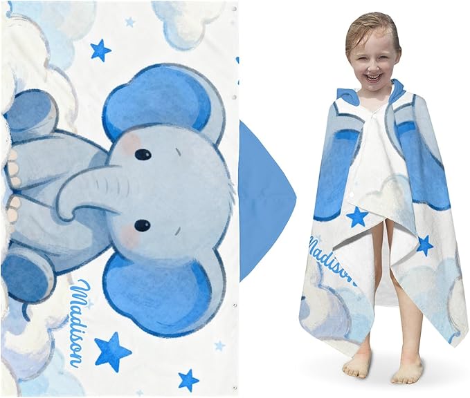 Blue Stars Elephant Personalized Hooded Towel Absorbent Wrap Soft Pool Beach Bath Towels Hood Poncho for 5-12 Years Kids Boys Girls