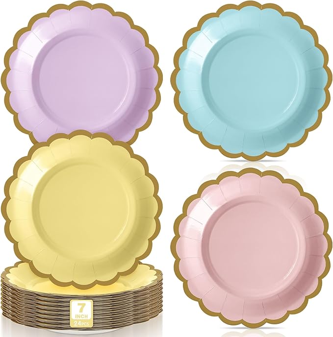 48 Pcs Pastel Paper Plates 7 Inch Easter Scalloped Disposable Dessert Plate for Coquette Bridal Pink Bow Wedding Birthday Baby Shower Party Supplies