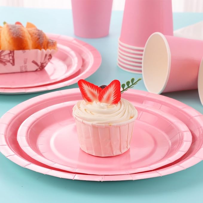 168PCS Light Pink Paper Plates and Napkins,Pink Disposable Plates Set with Utensils Serve 24 Guests for Baby Shower Graduation Valentines Day Party Decorations Party Supplies