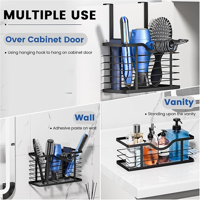 Hair Dryer Holder, 2PC Hair Tool Organizer, Blow Dryer Holder, Adjustable Height Bathroom Cabinet Organizer Tray for Hair Dryer Straightener, Curling Irons Storage Wall Mounted/Cabinet Door