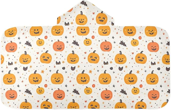 Kid Beach Towel Halloween Cartoon Pumpkins White Hooded Towels for Toddlers Lightweight Bath Towels with Hood
