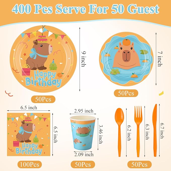 Pickmesh 400 Pcs Capybara Birthday Party Plates and Napkins Set, Capybara Paper Plates and Cups with Plastic Cutlery, Pumpkin Cute Animals Theme Disposable Tableware for Birthday Party Supplies