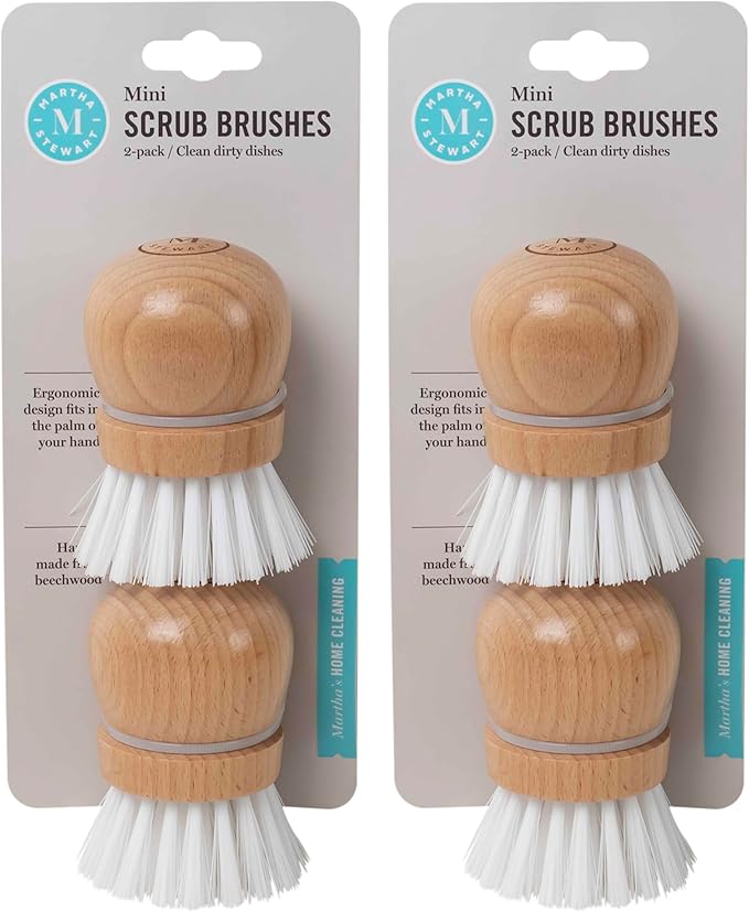 Martha Stewart Mini Palm Dish Brushes, 4 Count – Ergonomic Beechwood Handle for Comfortable Cleaning
