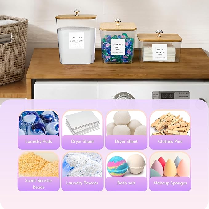 POLRAI 5 Pack Laundry Pod Containers and Dryer Sheet Holder, Laundry Room Organization Storage Containers with Lids and Labels for Detergent Pods Dry Sheet Organizing