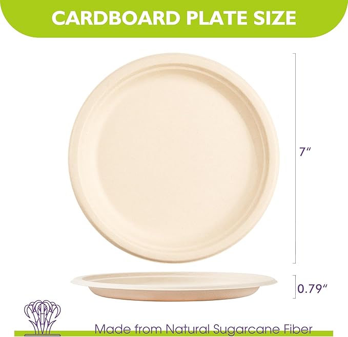 PACKINNO125 Pack 7 Inch Compostable Paper Plates Round Unbleached Brown Plates Made from Natural Sugarcane Fibers, Biodegradable Heavy Duty Disposable Plates for Party, Camping, Picnic