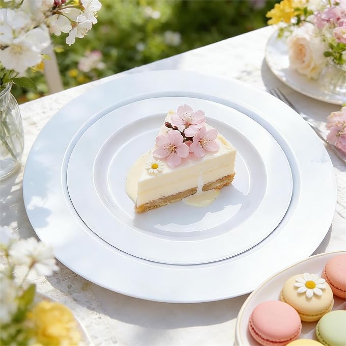 FLOWERCAT 60PCS White Plastic Plates - Heavy Duty White Disposable Plates for Mother's Day/Birthday Party/Wedding -serve for 30 guests Include 30PCS 10.25" & 30PCS 7.5" Plates for Party