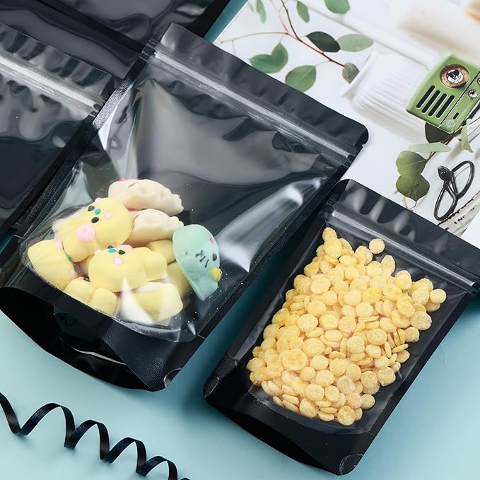 4X6 Resealable Bags 200 Pcs Mylar Bags for Food Storage Candy Packaging Black Mylar Bags with Window Reclosable Small Stand Up Pouches Edible Packaging for Small Business