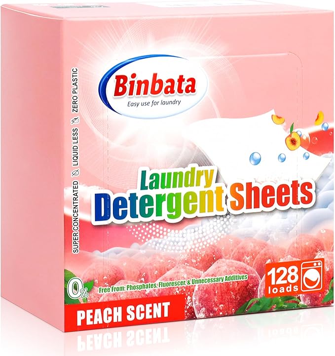 Binbata Laundry Detergent Sheets - Up To 128 Loads, Hypoallergenic, Eco-Friendly Peach Scent, Biodegradable, Plastic Free, Liquidless Laundry Sheets Suitable for Sensitive Skin