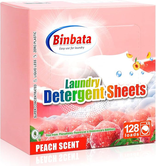 Binbata Laundry Detergent Sheets - Up To 128 Loads, Hypoallergenic, Eco-Friendly Peach Scent, Biodegradable, Plastic Free, Liquidless Laundry Sheets Suitable for Sensitive Skin