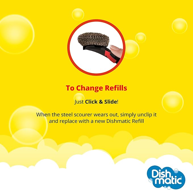 Dishmatic Scrubbee Washing-Up Stainless Steel Scourer for BBQ, Grill, Oven – Kitchen Washing-Up Handle with Easy-Grip Handle