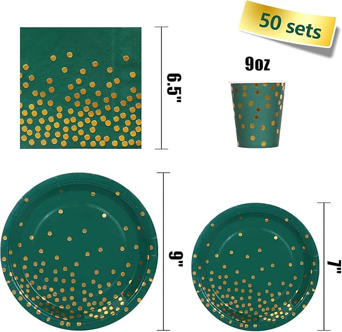 Green and Gold Party Decorations, 200Pcs Emerald Green Plates and Napkins Party Supplies, Birthday Plates for Fathers Day Graduation Decorations