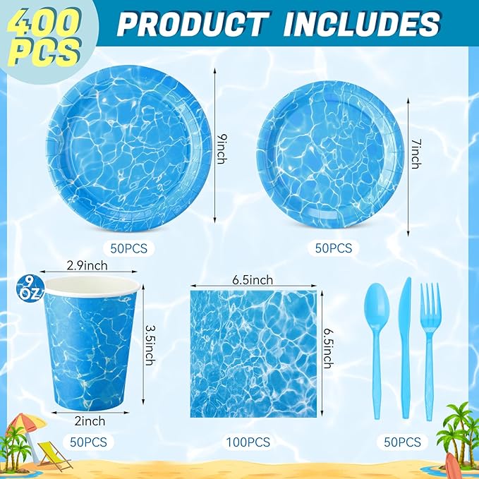 Pickmesh 400 Pcs Ocean Waves Party Decoration Set, Disposable Sea Paper Plates and Napkins, Cups and Cutlery Supplies Ocean Themed Birthday Party Tableware, Serve for 50 Guests