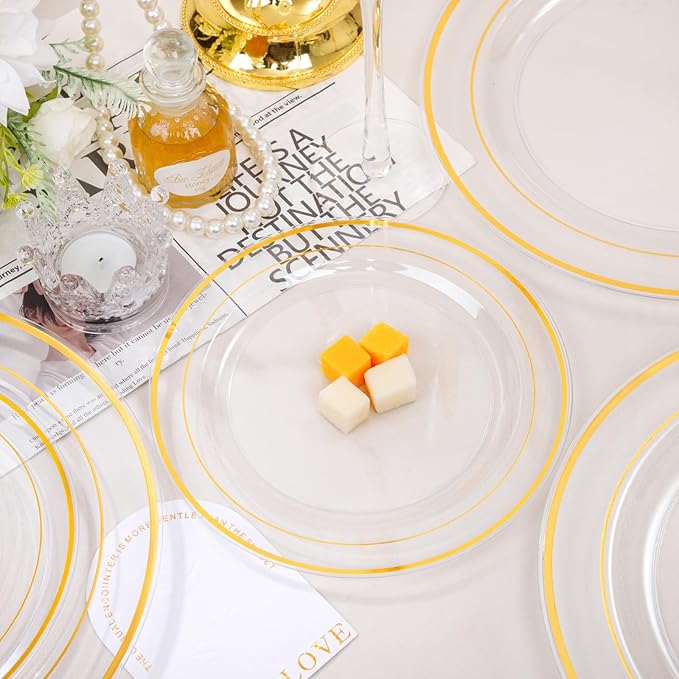 FLOWERCAT 100PCS Clear Plates with Gold Trim - Heavy Duty Clear and Gold Plastic Plate Disposable for Birthday Party/Wedding Include 50PCS 10.25inch Dinner Plates - 50PCS 7.5inch Cake Plate