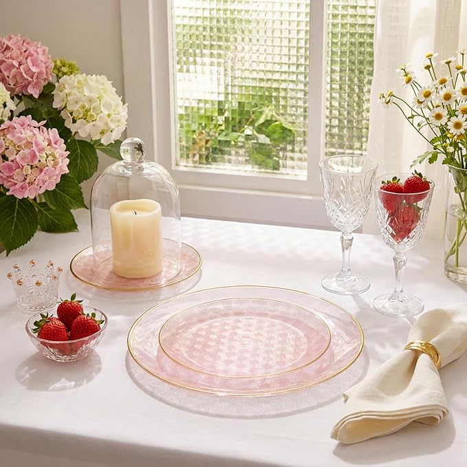 Festiva 60PCS Clear Pink Gold Plastic Plates - Heavy Duty Fancy Disposable Plates With Gold Rim-serve for 30 guests Include 30PCS 10.25" & 30PCS 7.5" Honeycomb Design Plates for Party(Pink)