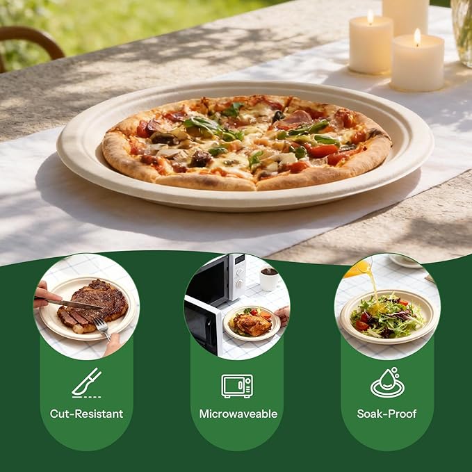 Disposable Paper Plates 10 Inch, 100% Compostable Plates 100 Pack, Eco-Friendly, (PFAS-Free) Biodegradable Sugarcane Bagasse Dinner Plates for Dessert, Cake, Appetizer (Microwave Safe) (BPI Certified)