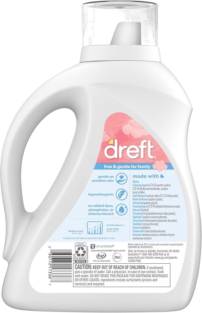 Dreft Family Liquid Laundry Detergent, Unscented Gentle on Sensitive Skin Laundry Soap, 84 fl oz, 64 Loads (Packaging May Vary)