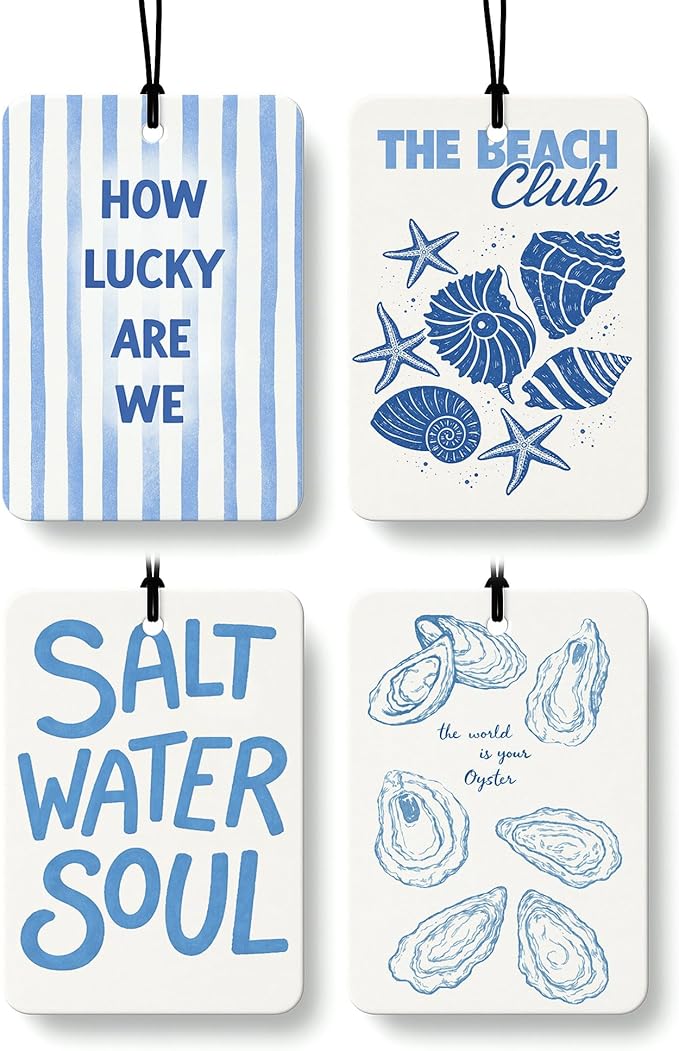 Blue Coastal Beach Orange Citrus Car Air Freshener 4pcs, Inspirational Ocean Oyster Conch Shell Beachy Hanging Scents Car Accessories Interior Mirror Decor for Women Girls