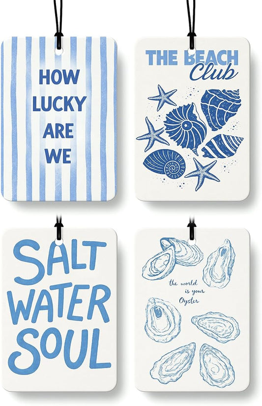 Blue Coastal Beach Orange Citrus Car Air Freshener 4pcs, Inspirational Ocean Oyster Conch Shell Beachy Hanging Scents Car Accessories Interior Mirror Decor for Women Girls