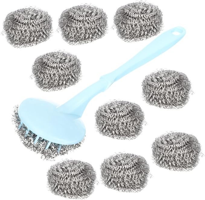 OUNONA Steel Scrubber Cleaning Ball Set Stainless Steel Pot Scrubber with Handle Kitchen Supplies for Dish Cleaning Random Color
