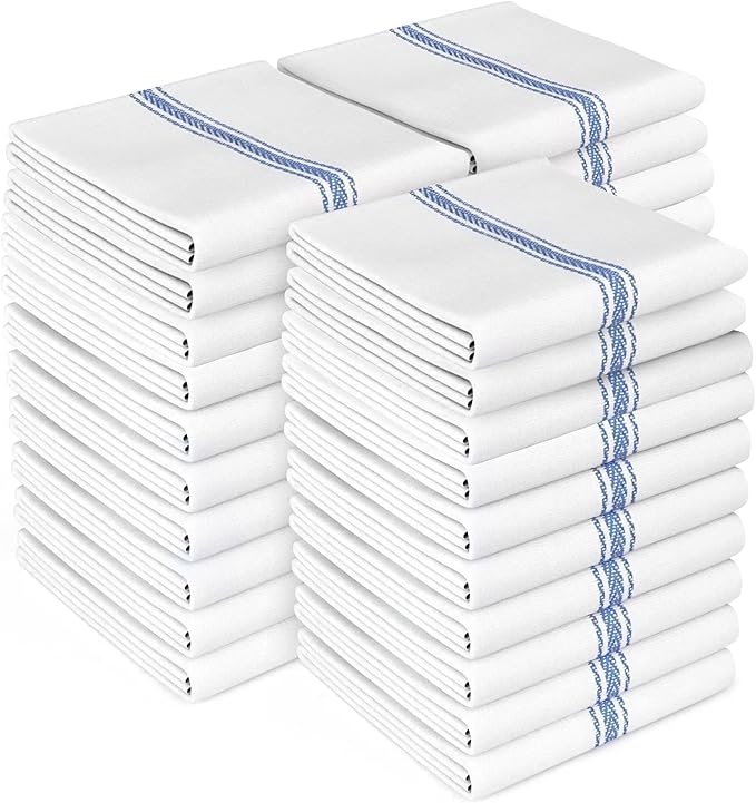 Zeppoli Classic Kitchen Towels - 30 Pack 100% Natural Cotton Towel Set, Reusable Wash Cloths, Absorbent Dish Towels, Machine Washable Hand Towels, Kitchen Essentials - 14” by 25”, Blue Striped