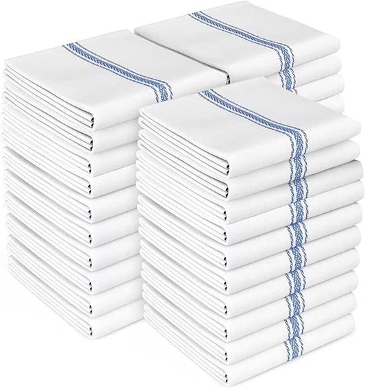 Zeppoli Classic Kitchen Towels - 30 Pack 100% Natural Cotton Towel Set, Reusable Wash Cloths, Absorbent Dish Towels, Machine Washable Hand Towels, Kitchen Essentials - 14” by 25”, Blue Striped
