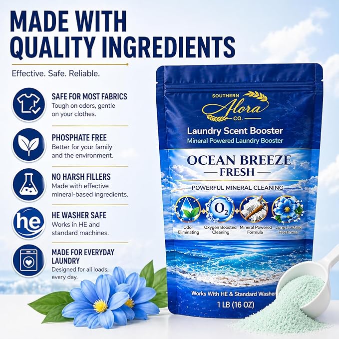 Oxygen Boosted Laundry Scent Booster Powder – Laundry Booster & Odor Eliminator, Laundry Freshener, Deep Clean Detergent Booster, Long Lasting Laundry Scent, HE Safe (1lb) (Ocean Breeze Fresh)