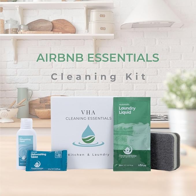 Air bnb Essentials for Hosts, Kitchen & Laundry Amenities - Dish Soap, Dishwasher Tablets, Kitchen Sponge & Travel Laundry Detergent, Pre-Packed in Premium Boxed Amenity Kits, 20 Kits - 120 pcs