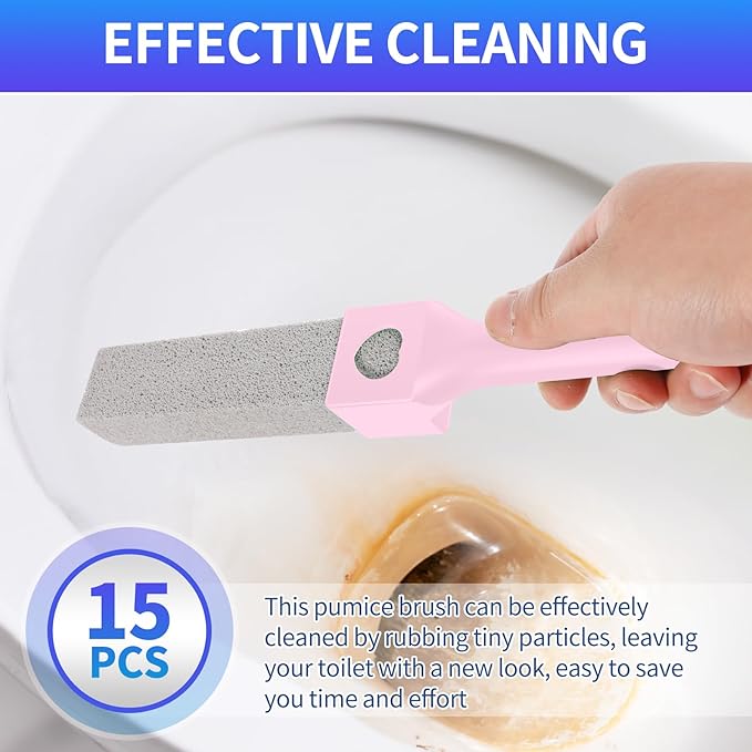 15 Packs Pumice Cleaning Stone, Pumice Stone for Toilet Cleaning with Removable Extra Long Handle, Powerful Cleaner for Hard Water Rings,Calcium Stains, Stone Toilet Bowl Cleaner for Home (15, Pink)