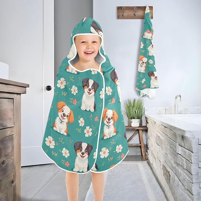 Kids Hooded Beach Towel Cartoon Cute Dog Turquoise Boys Hooded Beach Towel Soft Toddler Bath Towels