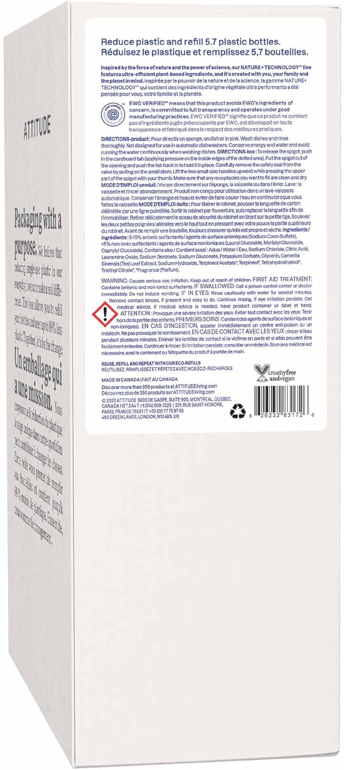 ATTITUDE Dish Soap Refill, EWG Verified, Plant-Based & Vegan Dishwashing Liquid, Naturally Derived, Citrus Zest, 135.3 Fl Oz (Pack of 2)