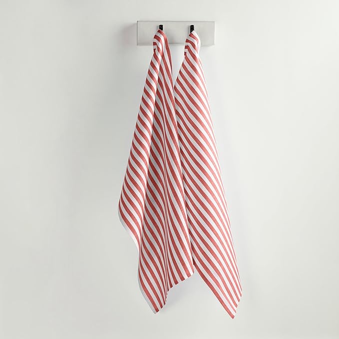 Solino Home Linen Red and White Kitchen Towels Set of 2-100% Pure Linen 17 x 26 Inch Amalfi Stripe Tea Towels with Hanging Loop - European Flax Kitchen Dish Cloth - Quick Dry & Machine Washable