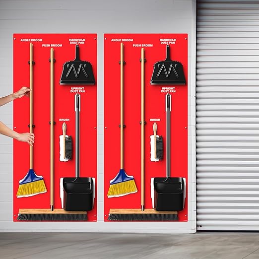 Clean & Sweep 5S Shadow Board/Wall Mount Broom Holder, 68" x 30" Board, 5S Cleaning Station - with Broom and Dustpan Set Included, Made in The USA by AccuformNMC, Red/White, PSB716RDWT
