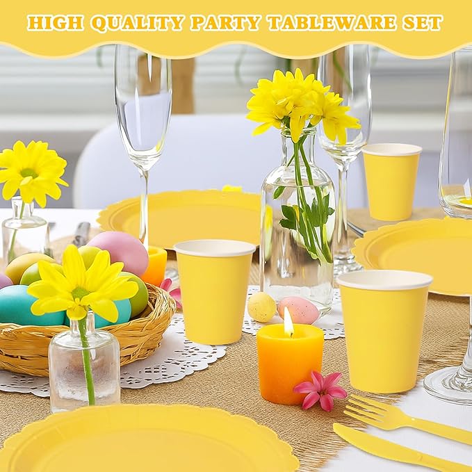 Vyntra 175 Pcs Yellow Disposable Paper Plates and Napkins Set for 25, 9" Dinner Plates & 7" Dessert Plates, Tableware for Birthday, Baby Shower, Picnic, Party