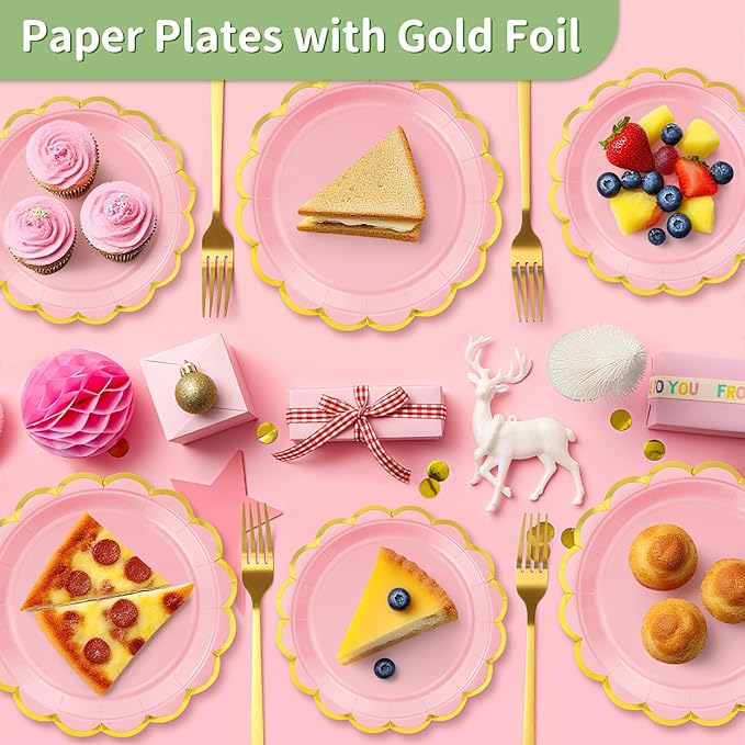 50 Pcs Light Pink Paper Plates, 25 Pcs 9" and 25 Pcs 7" Disposable Pink Scalloped Plates with Gold Foil for Graduation Wedding Baby Shower Birthday Party Picnic BBQ Valentines Day
