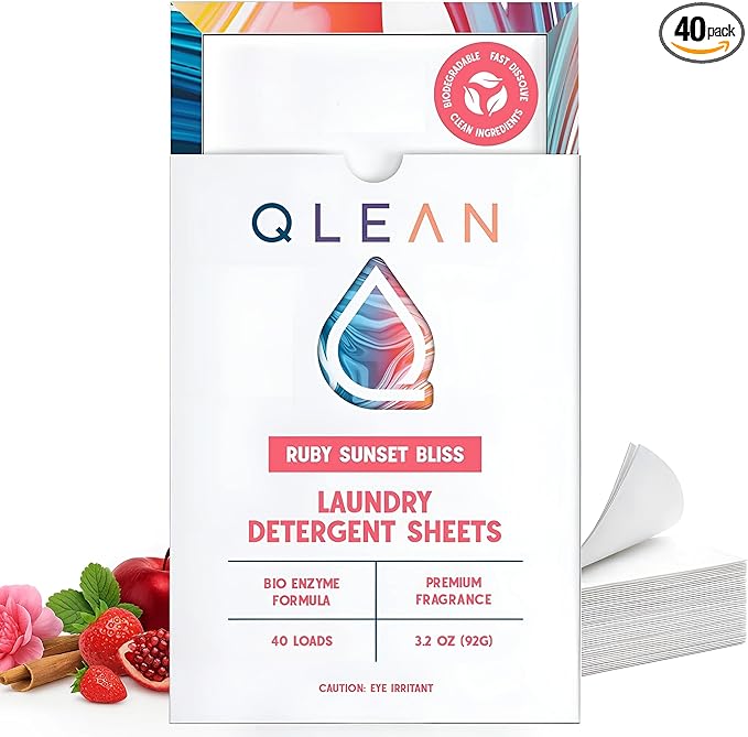 QLEAN Laundry Detergent Sheets Ruby Sunset Bliss (40 Loads) – Travel-Size Plant-Based Biodegradable Laundry Sheets, Hypoallergenic, HE Compatible, Eco-Friendly Detergent Strips