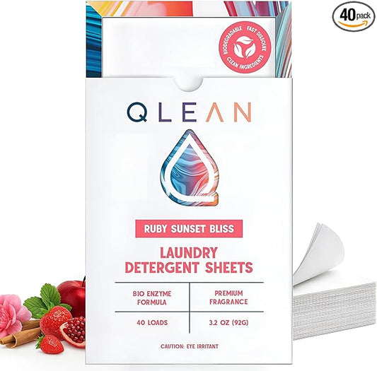 QLEAN Laundry Detergent Sheets Ruby Sunset Bliss (40 Loads) – Travel-Size Plant-Based Biodegradable Laundry Sheets, Hypoallergenic, HE Compatible, Eco-Friendly Detergent Strips