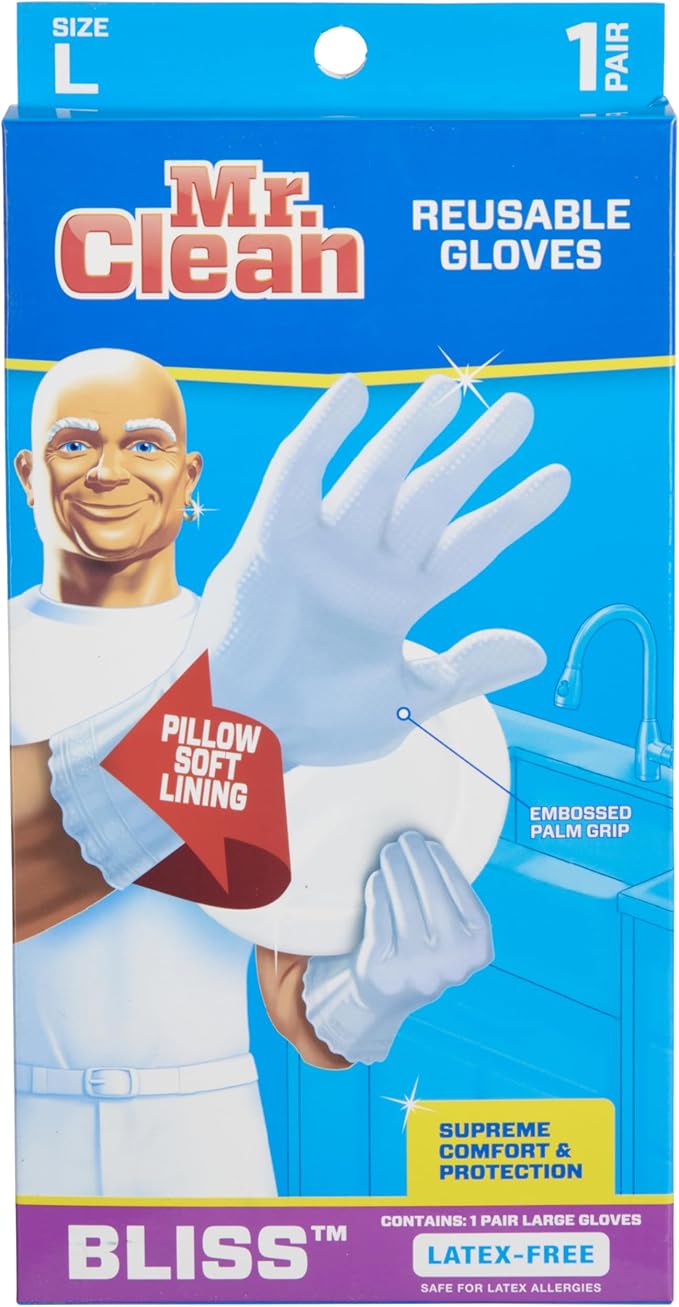 Mr. Clean Bliss Cleaning Gloves Premium Reusable Vinyl Latex-Free Gloves with Non-Slip Grip, Large