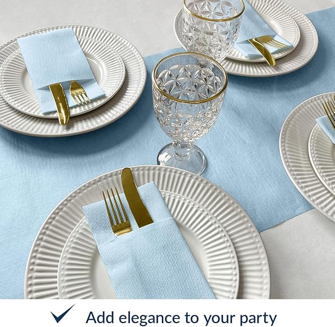 PAW - Baby Blue Linen Feel Napkins with Built-in Flatware Pocket, Airlaid Paper Pre-Folded Napkins for Silverware, Baby Shower, Gender Reveal, Wedding Party, Birthday, Monocolor, 50 Count