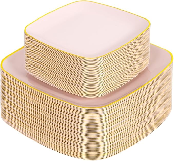 bUCLA 100PCS Pink Plastic Plates - Heavy Duty Square Pink and Gold Disposable - Include 50 Dinner 10 inch & 50 Dessert 7.25 inch Plates for Party & Weeding