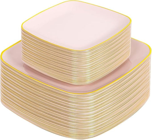 bUCLA 100PCS Pink Plastic Plates - Heavy Duty Square Pink and Gold Disposable - Include 50 Dinner 10 inch & 50 Dessert 7.25 inch Plates for Party & Weeding