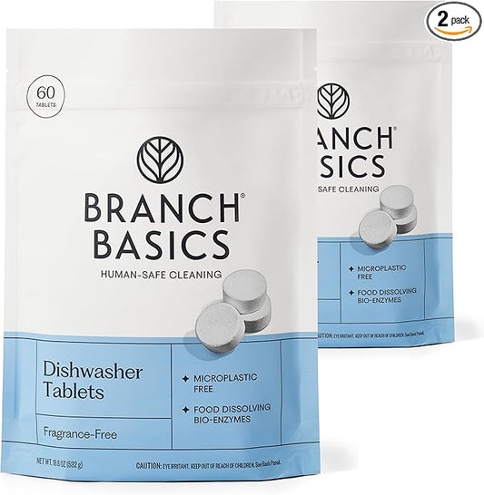 Branch Basics Dishwasher Tablets – 120 Ct | Plastic-Free, Fragrance-Free, Human-Safe | Delivers a Powerful Clean Without Harsh Chemicals (60 Count, Pack of 2)