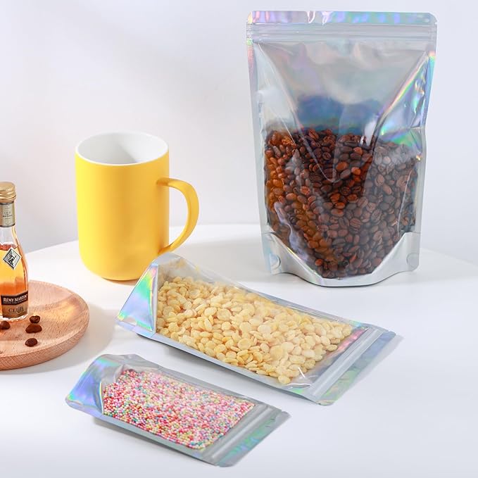 150 Pcs Mylar Bags for Food Storage, 5x8 Mylar Bag with Window Stand Up, Small Holographic Resealable Bags Smell Proof Bag Food Packaging for Small Business Freeze Dried Candy Jewelry Foil Packaging