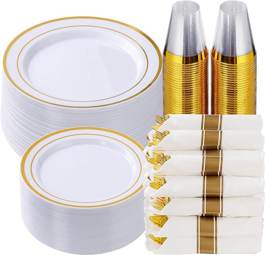 Goodluck 350 Piece Gold Plastic Dinnerware Set for 50 Guests, Fancy Disposable Plates for Party, Include: 50 Dinner Plates, 50 Dessert Plates, 50 Pre Rolled Napkins with Silverware, 50 Cups