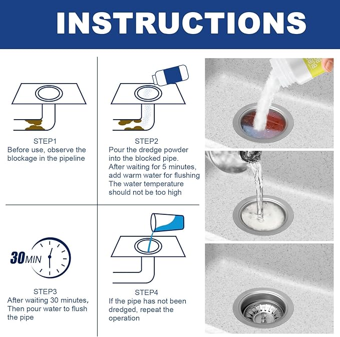 Drain Unclogging Powder for Kitchen and Bathroom - Effective Pipe Cleaner, Stain Remover & Deodorizer(2PCS)
